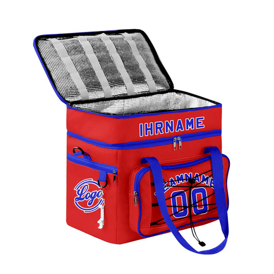 Maßgeschickerte Rot Blau vollflächig bedruckte isolierte Kühltasche mit Doppelwand Wasserdichte 600D Oxford Picknick-Tragetasche für Teamevents & Outdoor-Grillen