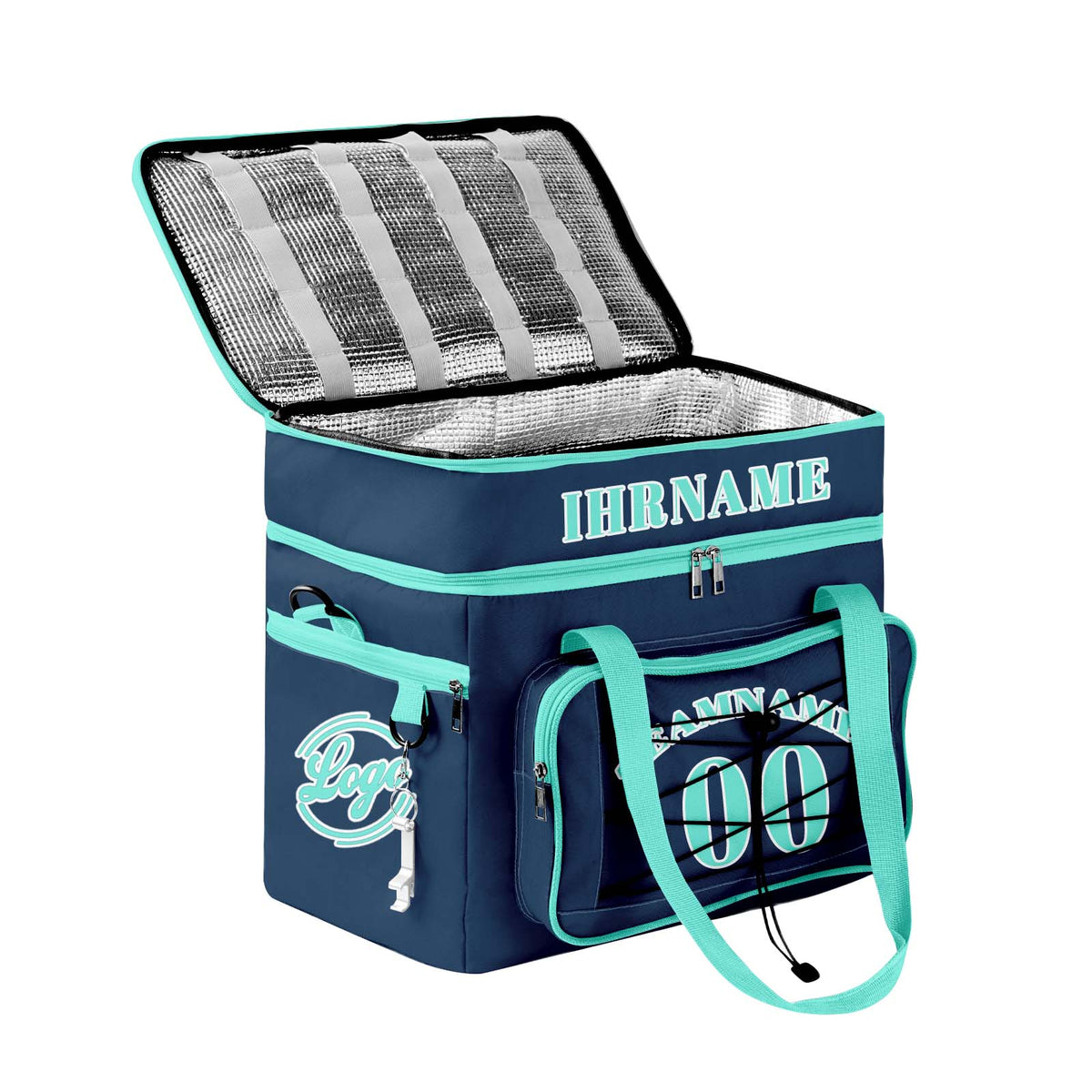 Maßgeschickerte Blau Cyan vollflächig bedruckte isolierte Kühltasche mit Doppelwand Wasserdichte 600D Oxford Picknick-Tragetasche für Teamevents & Outdoor-Grillen