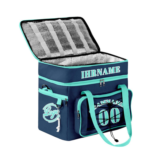 Maßgeschickerte Blau Cyan vollflächig bedruckte isolierte Kühltasche mit Doppelwand Wasserdichte 600D Oxford Picknick-Tragetasche für Teamevents & Outdoor-Grillen