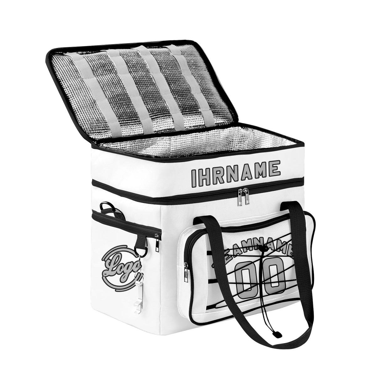 Maßgeschickerte Weiß Schwarz vollflächig bedruckte isolierte Kühltasche mit Doppelwand Wasserdichte 600D Oxford Picknick-Tragetasche für Teamevents & Outdoor-Grillen