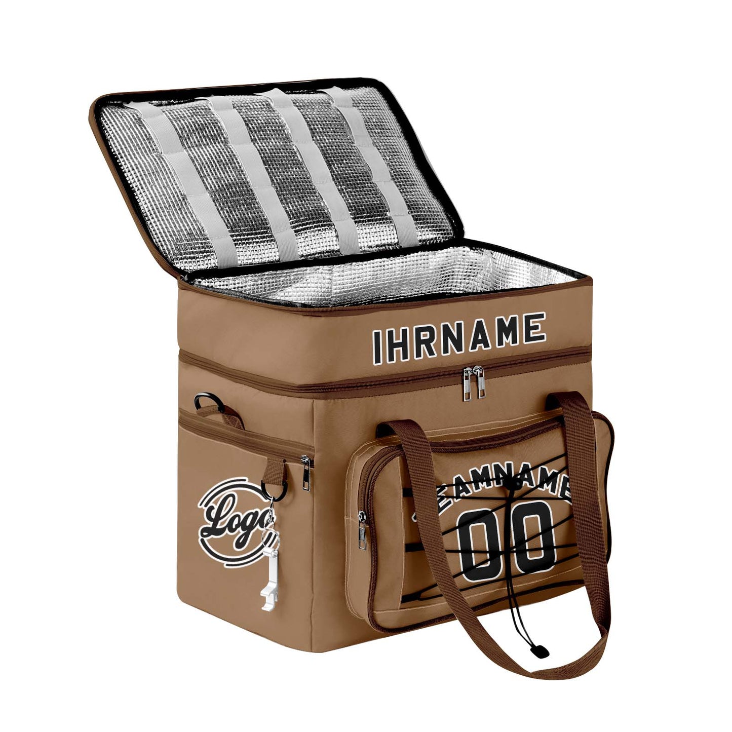 Maßgeschickerte Braun Schwarz vollflächig bedruckte isolierte Kühltasche mit Doppelwand Wasserdichte 600D Oxford Picknick-Tragetasche für Teamevents & Outdoor-Grillen