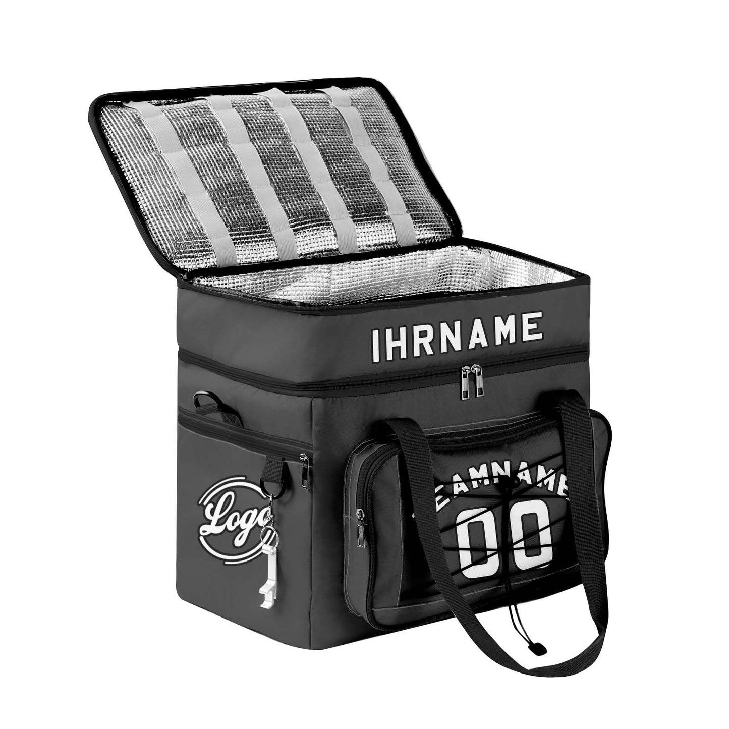 Maßgeschickerte Grau Schwarz vollflächig bedruckte isolierte Kühltasche mit Doppelwand Wasserdichte 600D Oxford Picknick-Tragetasche für Teamevents & Outdoor-Grillen