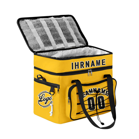 Maßgeschickerte Gelb Schwarz vollflächig bedruckte isolierte Kühltasche mit Doppelwand Wasserdichte 600D Oxford Picknick-Tragetasche für Teamevents & Outdoor-Grillen