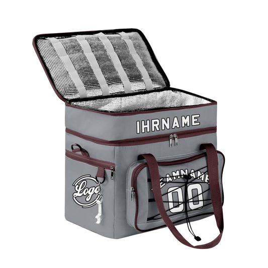 Maßgeschickerte Grau Braun vollflächig bedruckte isolierte Kühltasche mit Doppelwand Wasserdichte 600D Oxford Picknick-Tragetasche für Teamevents & Outdoor-Grillen