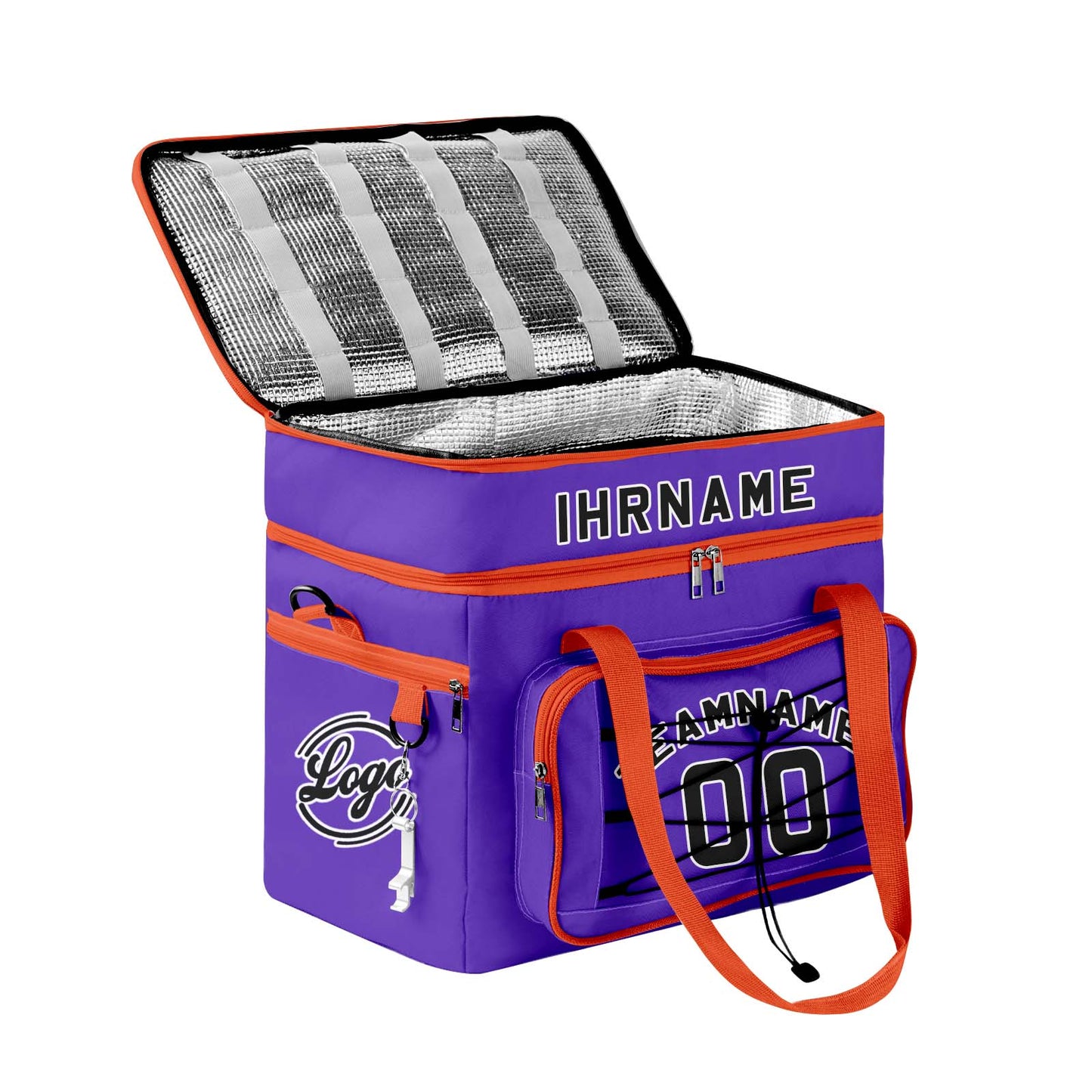 Maßgeschickerte Lila Orange vollflächig bedruckte isolierte Kühltasche mit Doppelwand Wasserdichte 600D Oxford Picknick-Tragetasche für Teamevents & Outdoor-Grillen