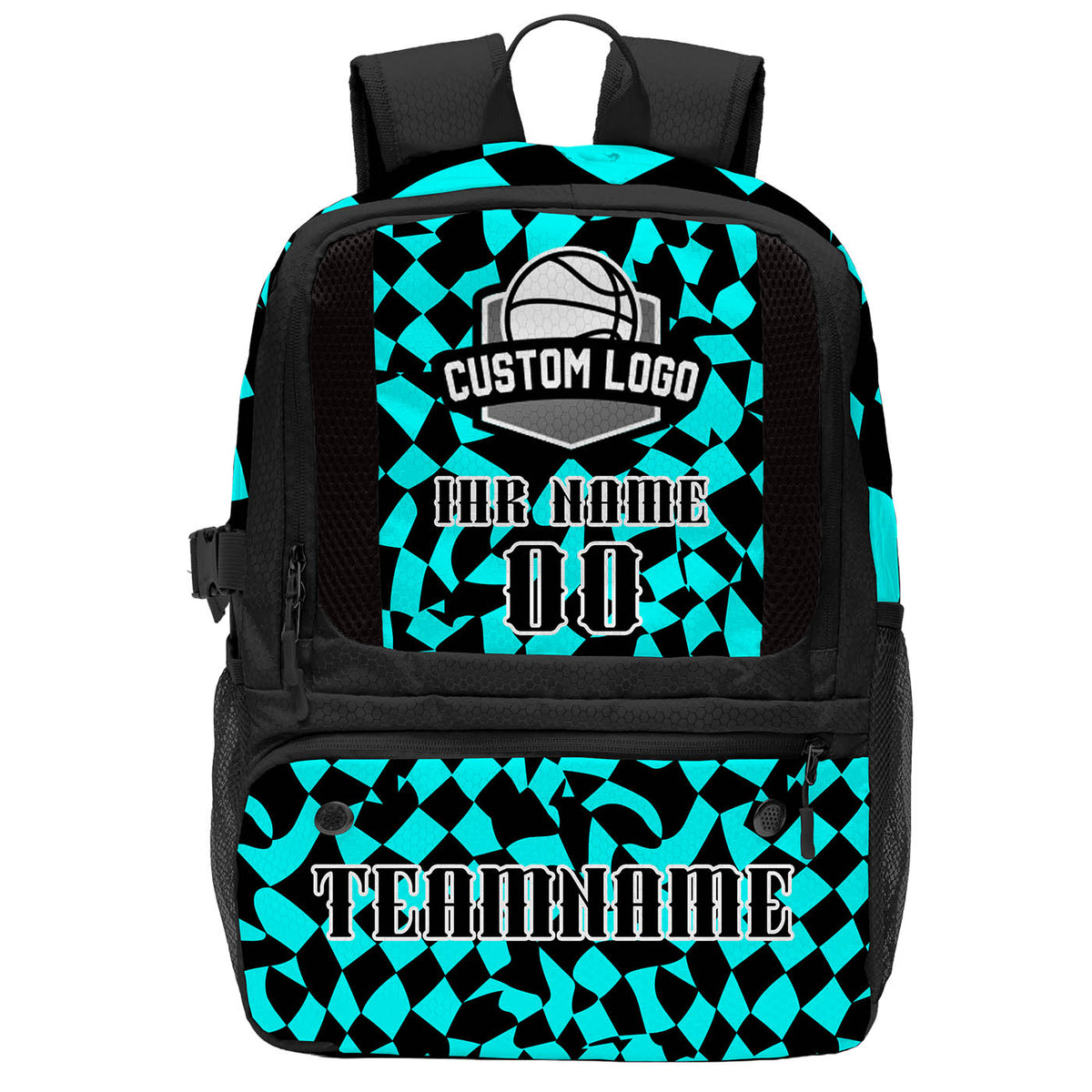 Personalisierter Basketball - und Fußballrucksack in Cyan und Schwarz mit Spielernamen & Nummern und Teamlogo #BP-0919-0011