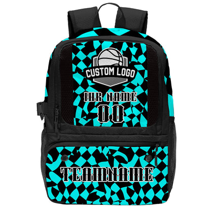 Personalisierter Basketball - und Fußballrucksack in Cyan und Schwarz mit Spielernamen & Nummern und Teamlogo #BP-0919-0011