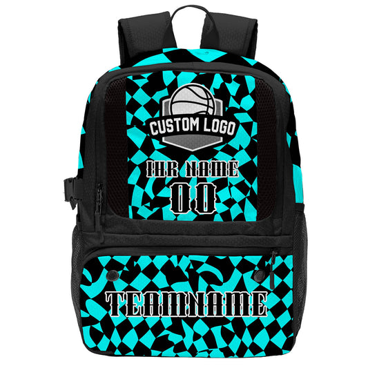 Personalisierter Basketball - und Fußballrucksack in Cyan und Schwarz mit Spielernamen & Nummern und Teamlogo #BP-0919-0011