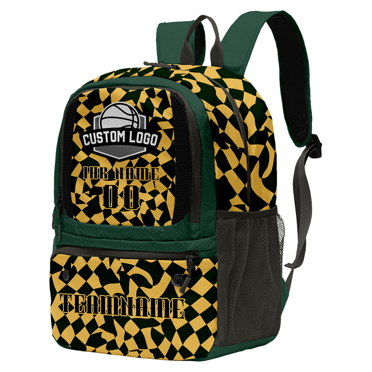 Personalisierter Basketball - und Fußballrucksack in Olivgrün und Gold mit Spielernamen & Nummern und Teamlogo #BP-0919-0022