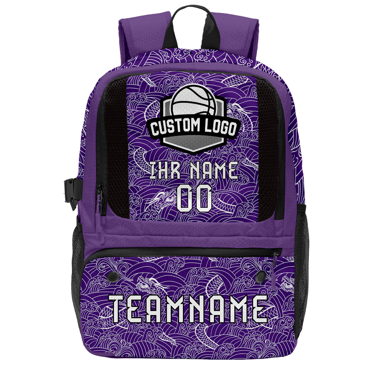 Personalisierter Basketball - und Fußballrucksack in Lila & Schwarz und Weiß mit Spielernamen & Nummern und Teamlogo #BP-0919-0030
