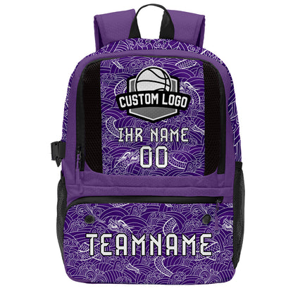 Personalisierter Basketball - und Fußballrucksack in Lila & Schwarz und Weiß mit Spielernamen & Nummern und Teamlogo #BP-0919-0030