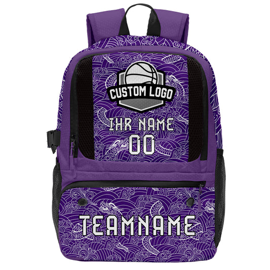 Personalisierter Basketball - und Fußballrucksack in Lila & Schwarz und Weiß mit Spielernamen & Nummern und Teamlogo #BP-0919-0030