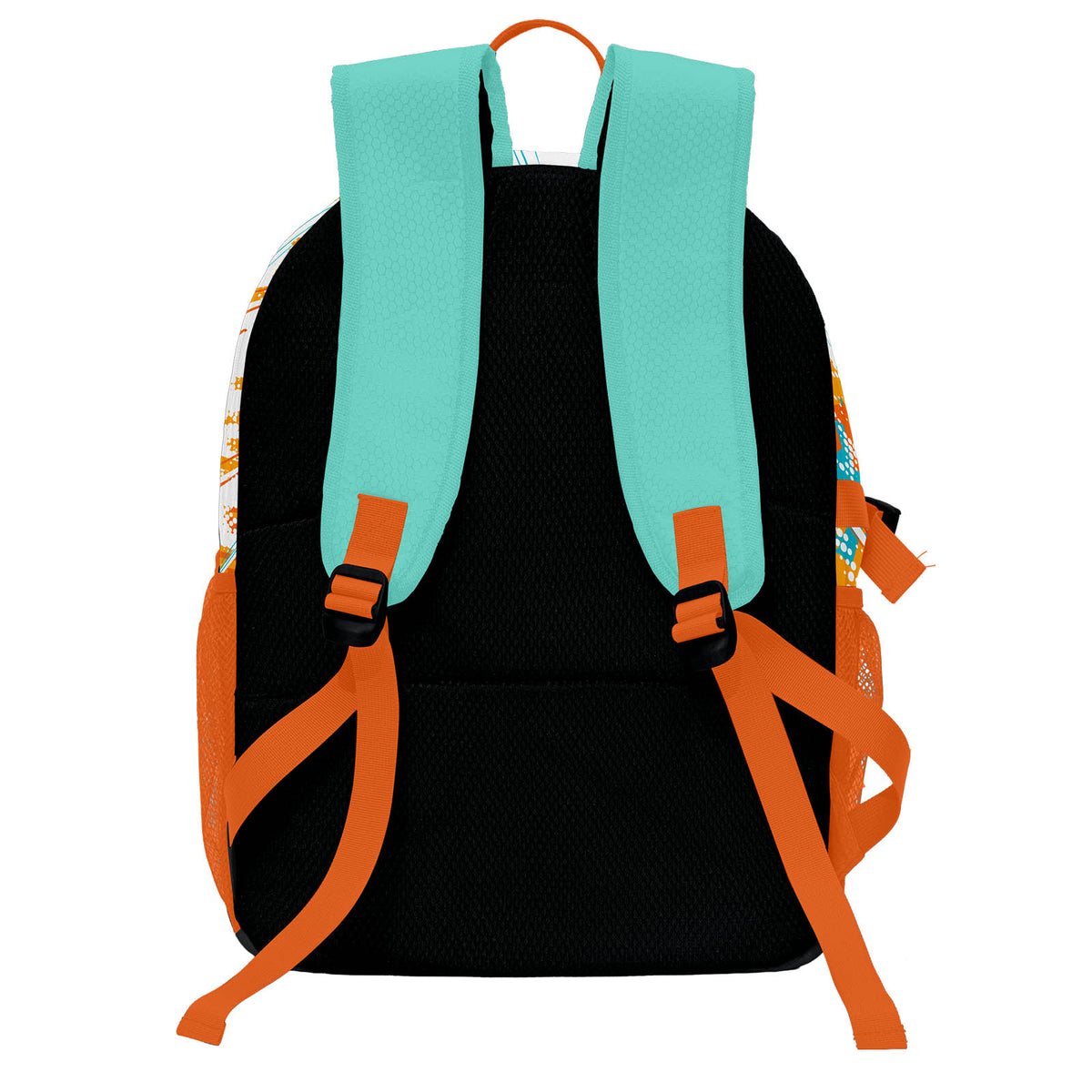 Personalisierter Basketball - und Fußballrucksack in Orange & Weiß und Türkis mit Spielernamen & Nummern und Teamlogo #BP-0919-0026