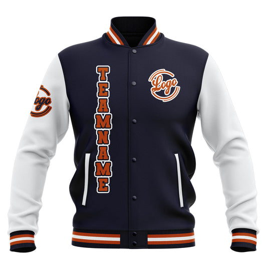 Benutzerdefiniert Marine Weiß Orange Wasserdichte Varsity Jacken Personalisiert genäht Name Nummer Logo zu Letterman Jacken