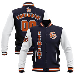 Benutzerdefiniert Marine Weiß Orange Wasserdichte Varsity Jacken Personalisiert genäht Name Nummer Logo zu Letterman Jacken