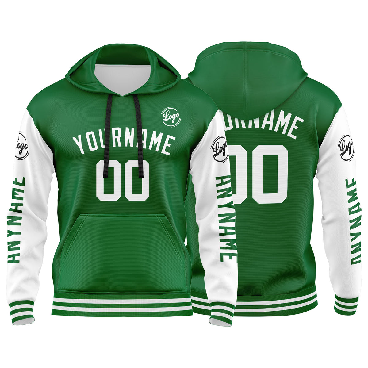 Benutzerdefinierter Grün Weiß Hoodie für Mann, Frau, Mädchen, Junge. Drucken Sie Ihr Logo, Ihren Namen und Ihre Nummer