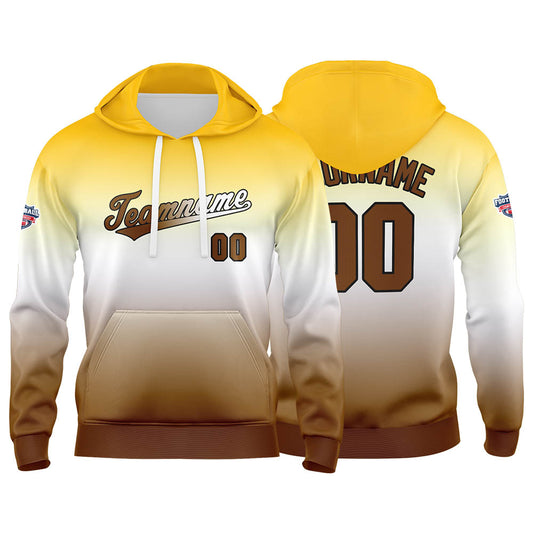 Benutzerdefinierter Verlauf Hoodie für Mann, Frau, Mädchen, Junge. Drucken Sie Ihr Logo, Ihren Namen und Ihre Nummer Gelb Weiß