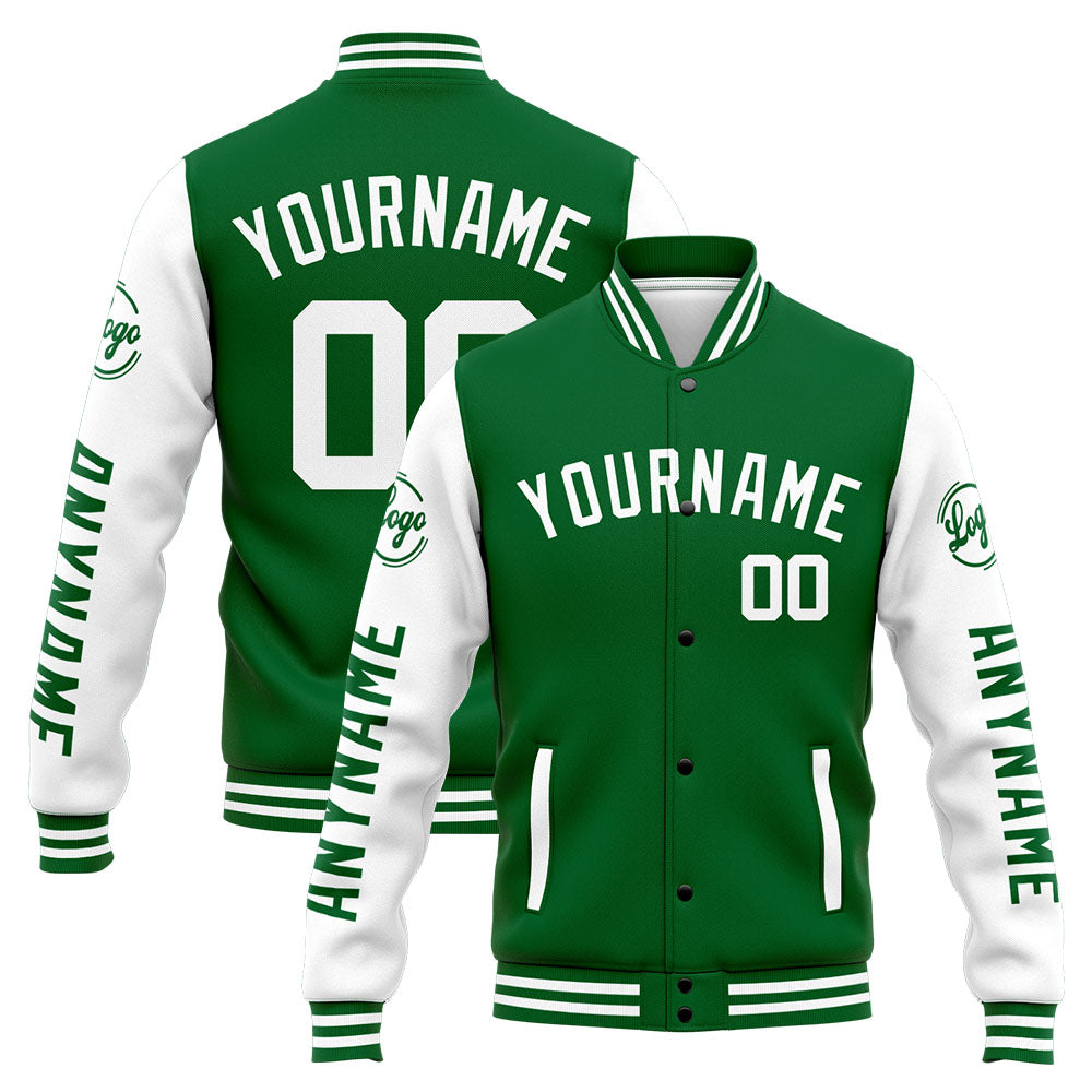 Benutzerdefinierte Varsity-Jacke. Letterman-Jacke für Männer, Frauen und Jugendliche Grün Weiß