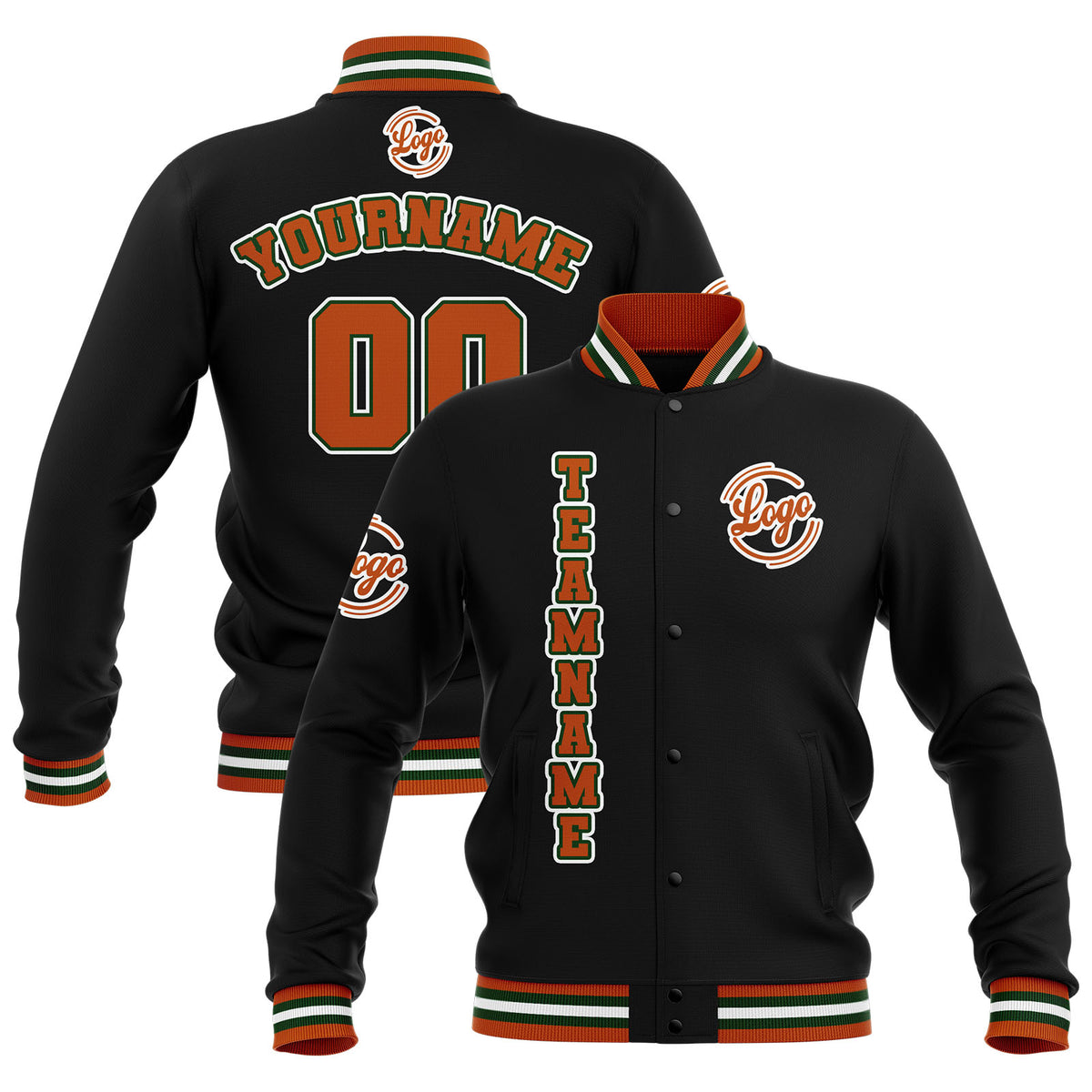 Benutzerdefiniert  Schwarz Orange Grün Wasserdichte Varsity Jacken Personalisiert genäht Name Nummer Logo zu Letterman Jacken