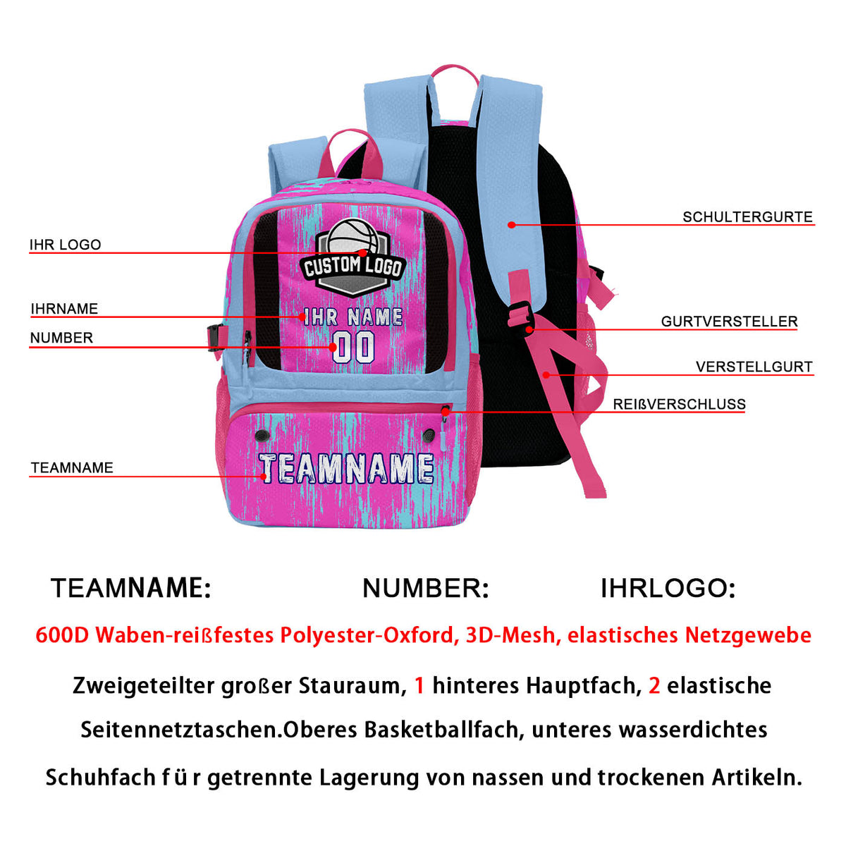 Personalisierter Basketball - und Fußballrucksack in Rosa & Hellblau mit Spielernamen & Nummern und Teamlogo #BP-0919-0035