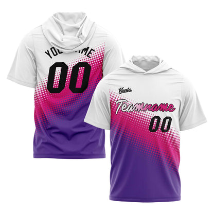 Benutzerdefinierte Weiß Rosa Violett Kurzarm-Kapuzenpullover für Männer Frauen Hemden mit Kapuzen gedruckt Name Logo