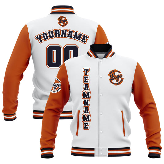 Benutzerdefiniert Weiß Orange Marine Wasserdichte Varsity Jacken Personalisiert genäht Name Nummer Logo zu Letterman Jacken