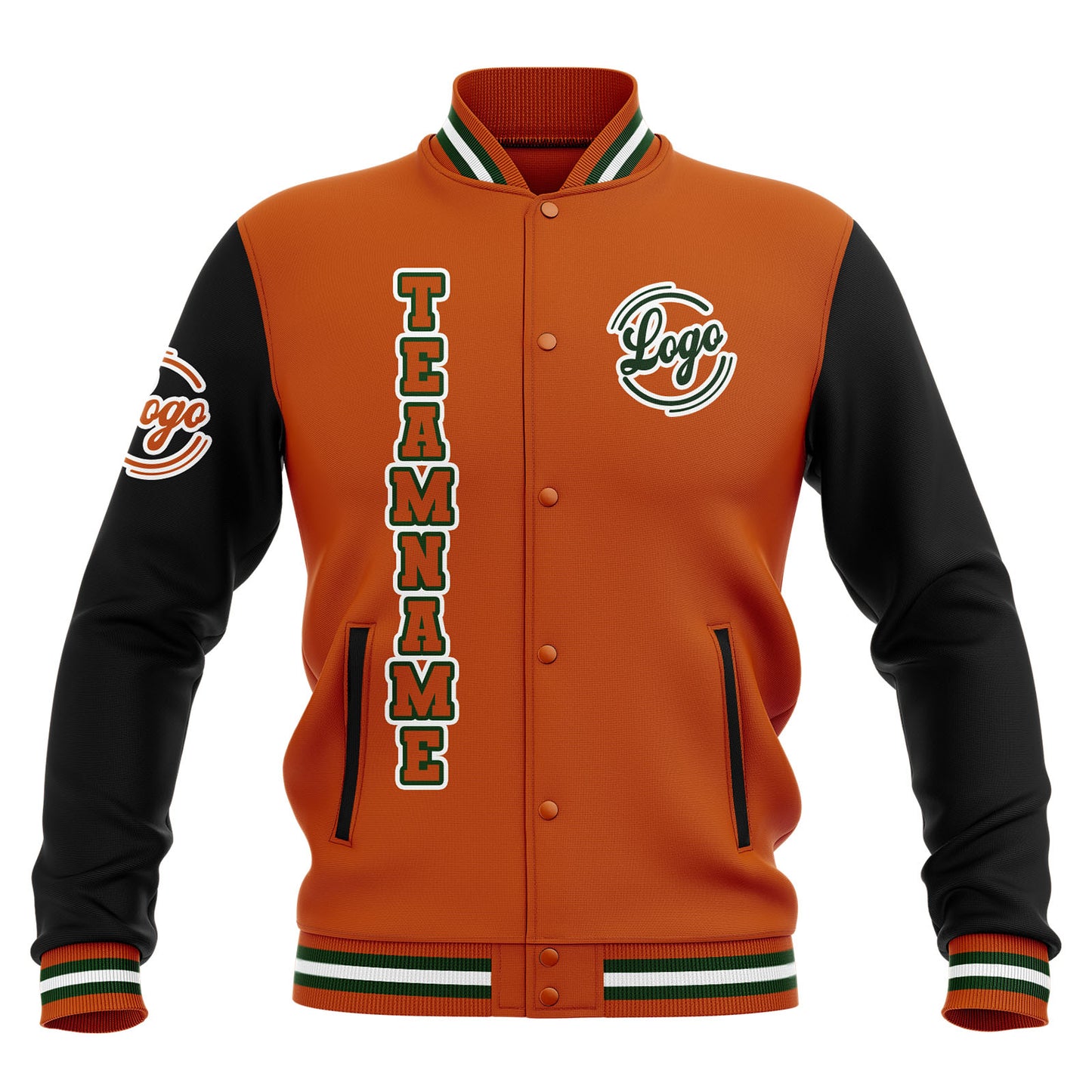 Benutzerdefiniert  Schwarz Orange Grün Wasserdichte Varsity Jacken Personalisiert genäht Name Nummer Logo zu Letterman Jacken