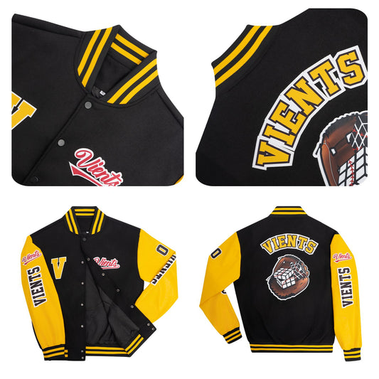 Maßgeschneiderte Schwarzes Gras Grün Letterman Varsity Jacket Individuelle Stickerei Druck nach Ihrem Wunsch