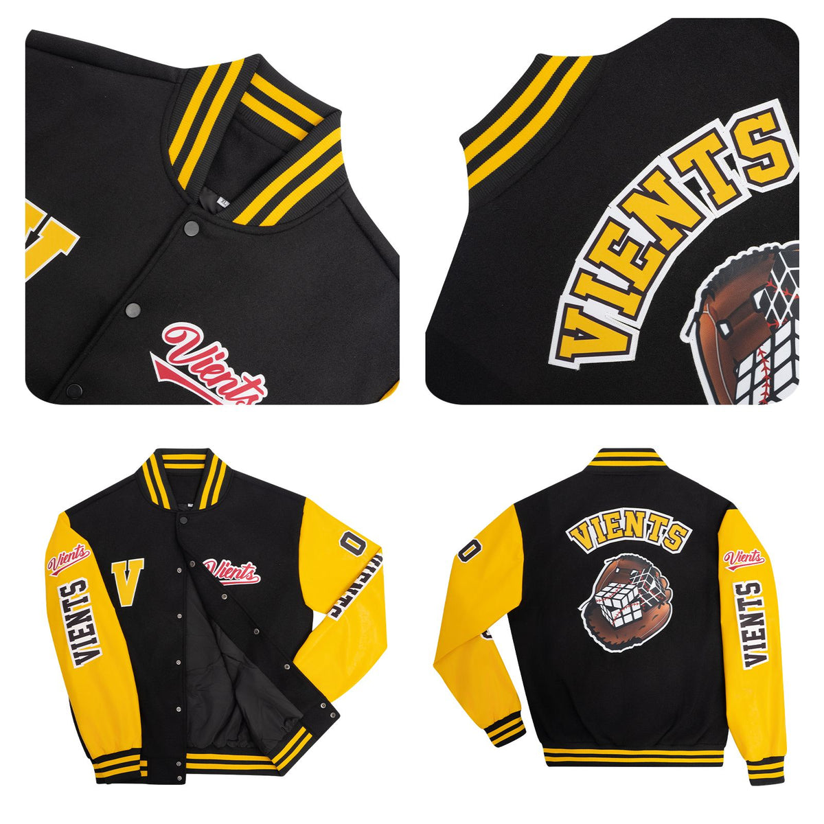 Maßgeschneiderte Schwarzes Grau Letterman Varsity Jacket Individuelle Stickerei Druck nach Ihrem Wunsch