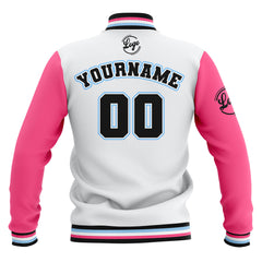 Benutzerdefiniert Weiß Rosa Schwarz Wasserdichte Varsity Jacken Personalisiert genäht Name Nummer Logo zu Letterman Jacken