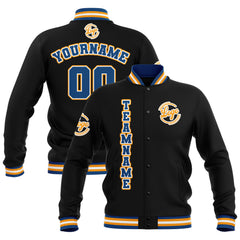 Benutzerdefiniert Schwarz Blau Gelb Wasserdichte Varsity Jacken Personalisiert genäht Name Nummer Logo zu Letterman Jacken