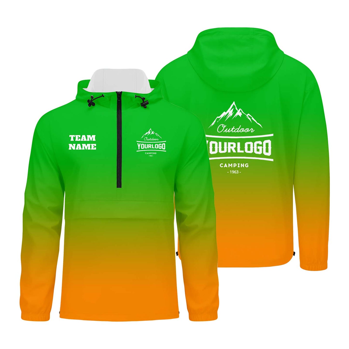 Anpassbare Grün Orange Winddichte Softshell Kapuzenjacke - Vollverschluss, Logo- & Text-Druck