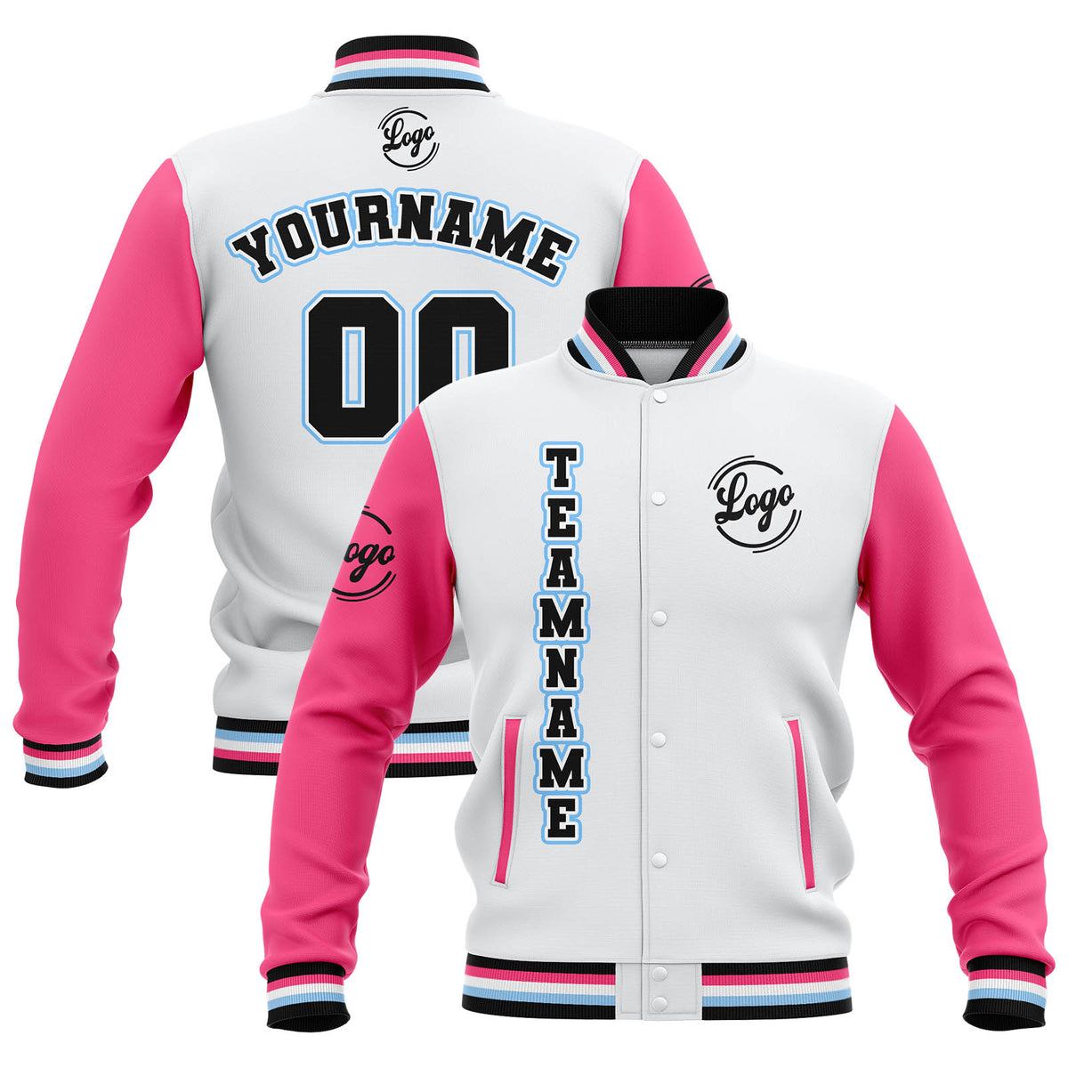 Benutzerdefiniert Weiß Rosa Schwarz Wasserdichte Varsity Jacken Personalisiert genäht Name Nummer Logo zu Letterman Jacken