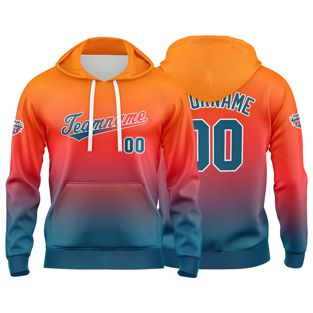 Benutzerdefinierter Verlauf Hoodie für Mann, Frau, Mädchen, Junge. Drucken Sie Ihr Logo, Ihren Namen und Ihre Nummer Orange Lake Blau