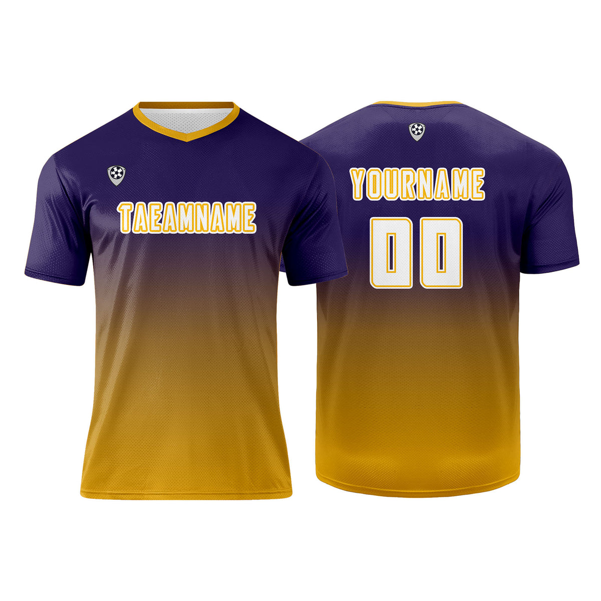Benutzerdefinierte Dunkelviolett Gelb Trikots für Männer Frauen Personalisierte Fußball Uniformen für Erwachsene und Kind