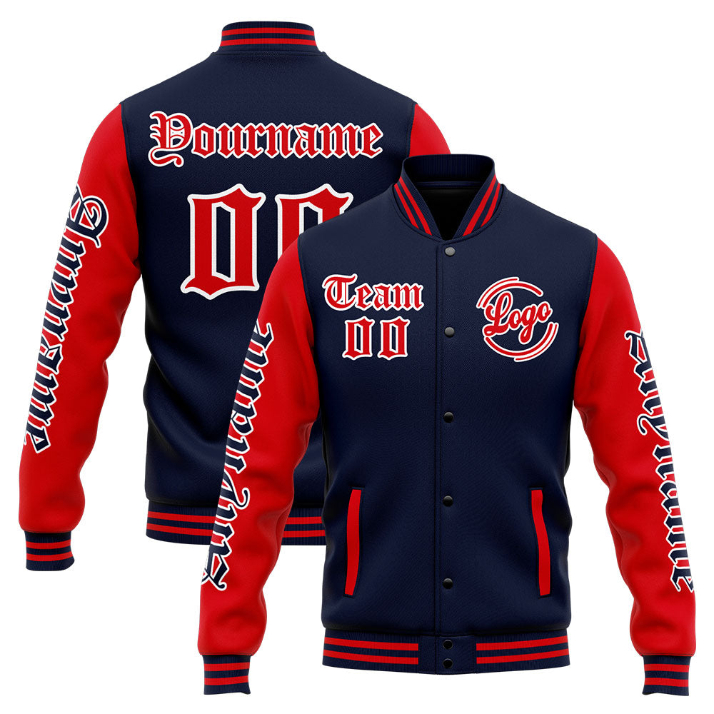 Benutzerdefinierte Varsity-Jacke. Letterman-Jacke für Männer, Frauen und Jugendliche Marine Rot