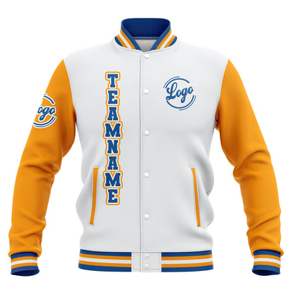 Benutzerdefiniert Weiß Gelb Blau Wasserdichte Varsity Jacken Personalisiert genäht Name Nummer Logo zu Letterman Jacken