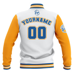 Benutzerdefiniert Weiß Gelb Blau Wasserdichte Varsity Jacken Personalisiert genäht Name Nummer Logo zu Letterman Jacken