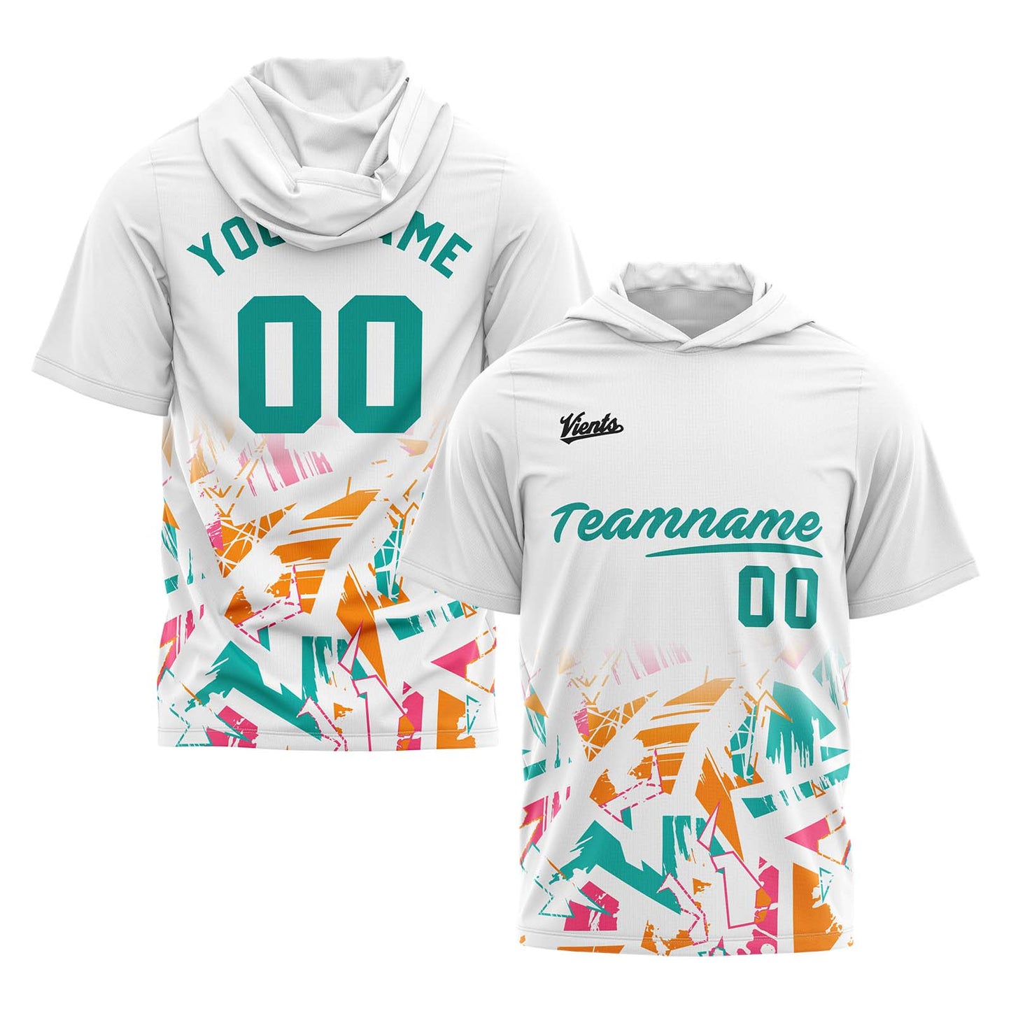 Benutzerdefinierte Weiß Teal Kurzarm-Kapuzenpullover für Männer Frauen Hemden mit Kapuzen gedruckt Name Logo