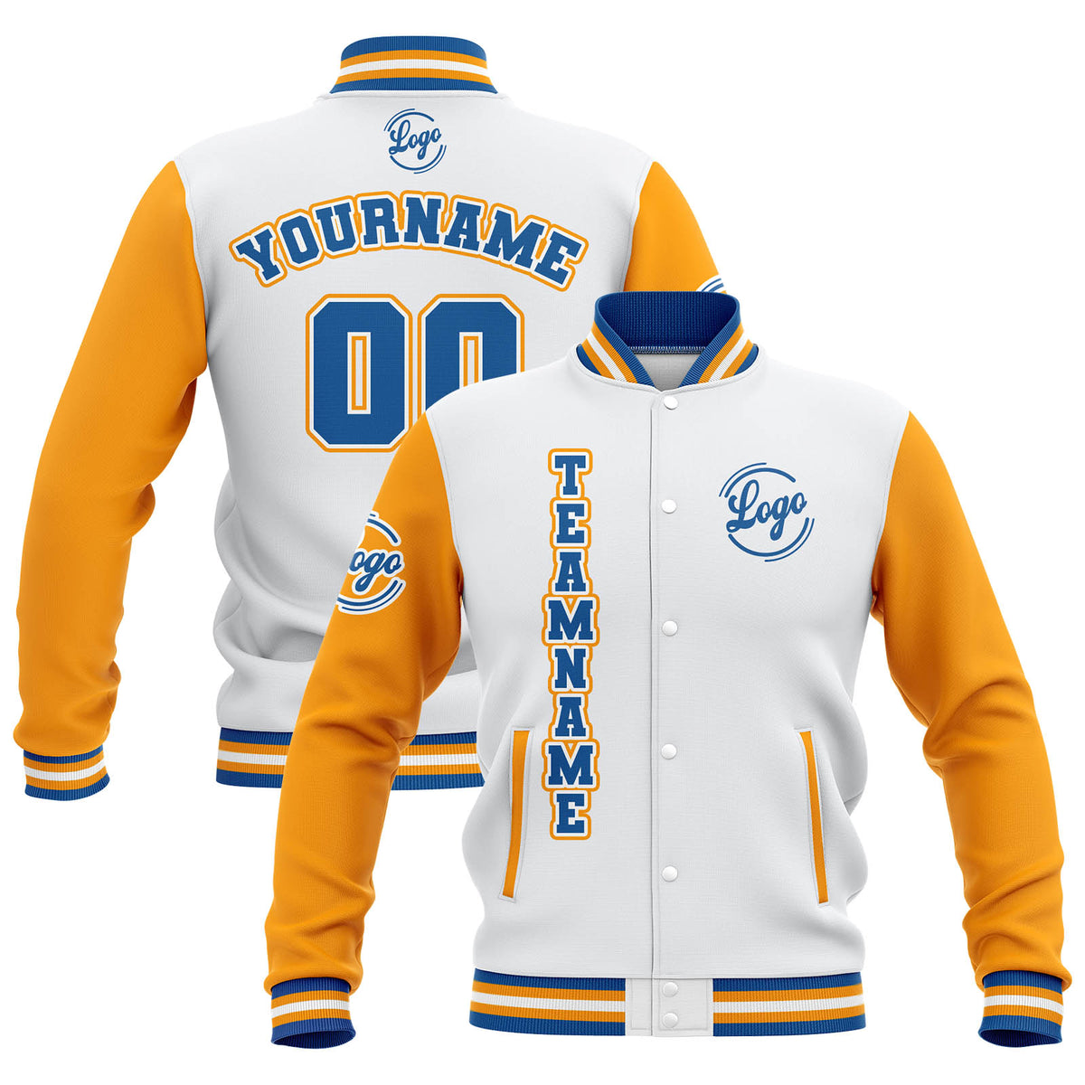 Benutzerdefiniert Weiß Gelb Blau Wasserdichte Varsity Jacken Personalisiert genäht Name Nummer Logo zu Letterman Jacken