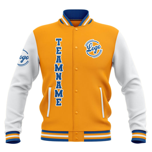 Benutzerdefiniert Gelb Weiß Blau Wasserdichte Varsity Jacken Personalisiert genäht Name Nummer Logo zu Letterman Jacken