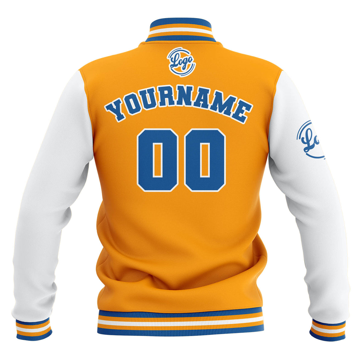 Benutzerdefiniert Gelb Weiß Blau Wasserdichte Varsity Jacken Personalisiert genäht Name Nummer Logo zu Letterman Jacken