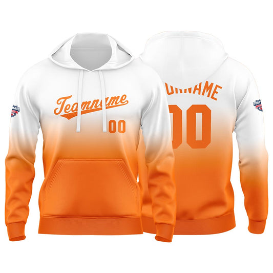 Benutzerdefinierter Verlauf Hoodie für Mann, Frau, Mädchen, Junge. Drucken Sie Ihr Logo, Ihren Namen und Ihre Nummer Weiß Orange