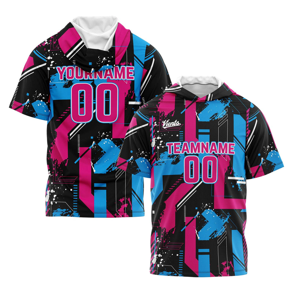 Benutzerdefinierte Rosa Hellblau Kurzarm-Kapuzenpullover für Männer Frauen Hemden mit Kapuzen gedruckt Name Logo