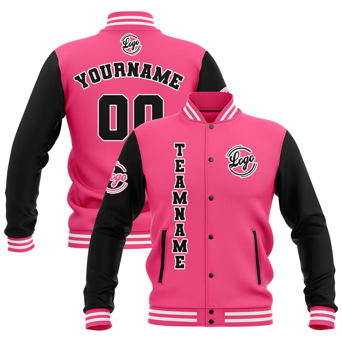 Benutzerdefiniert  Schwarz Rosa Weiß Wasserdichte Varsity Jacken Personalisiert genäht Name Nummer Logo zu Letterman Jacken