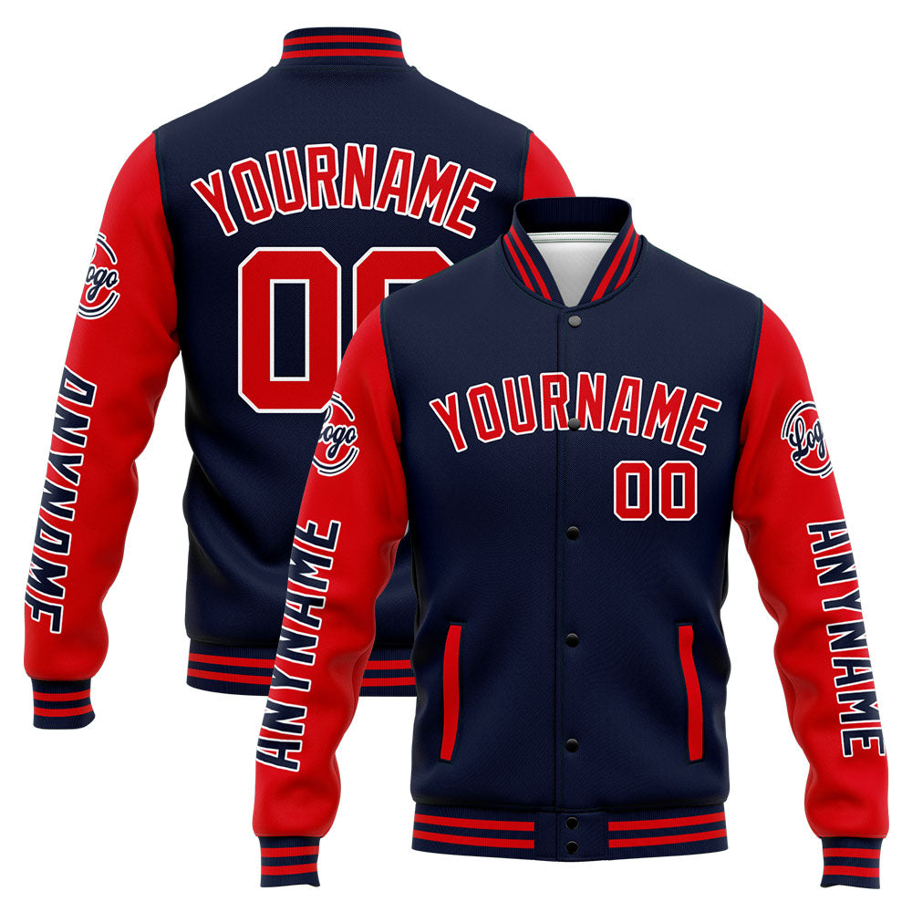 Benutzerdefinierte Varsity-Jacke. Letterman-Jacke für Männer, Frauen und Jugendliche Marine Rot