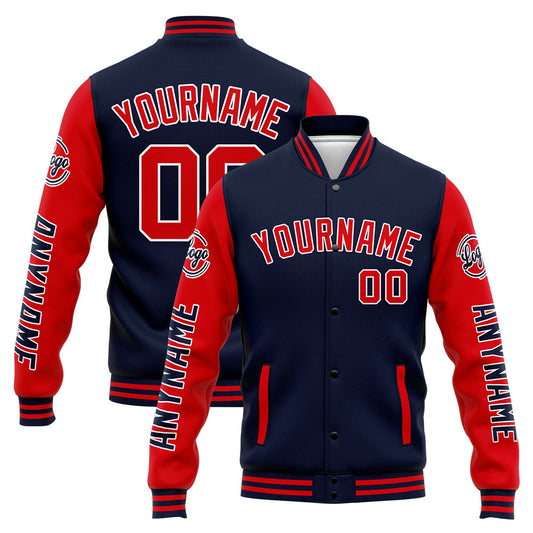 Benutzerdefinierte Varsity-Jacke. Letterman-Jacke für Männer, Frauen und Jugendliche Marine Rot