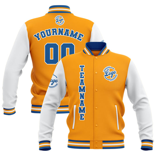 Benutzerdefiniert Gelb Weiß Blau Wasserdichte Varsity Jacken Personalisiert genäht Name Nummer Logo zu Letterman Jacken