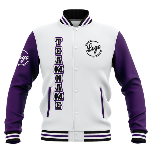 Benutzerdefiniert Weiß Lila Schwarz Wasserdichte Varsity Jacken Personalisiert genäht Name Nummer Logo zu Letterman Jacken