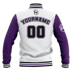 Benutzerdefiniert Weiß Lila Schwarz Wasserdichte Varsity Jacken Personalisiert genäht Name Nummer Logo zu Letterman Jacken